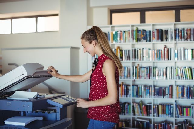 Happy schoolgirl using Xerox photocopier in library at school
