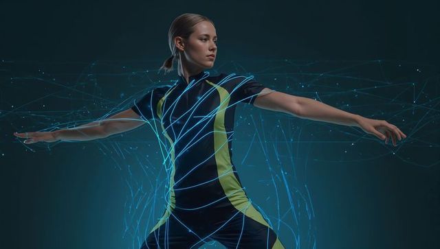 Female athlete striking dynamic pose wearing sport gear with neon wireframe motion trails