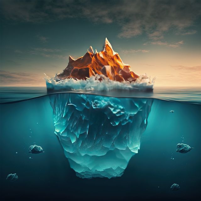 Surreal depiction of an iceberg showing above and below water perspectives. Use this compelling visual in nature-themed content, climate change awareness, or surreal art projects. Ideal for illustrating the awe-inspiring dynamics of oceanic elements and their relationship with atmospheric changes.