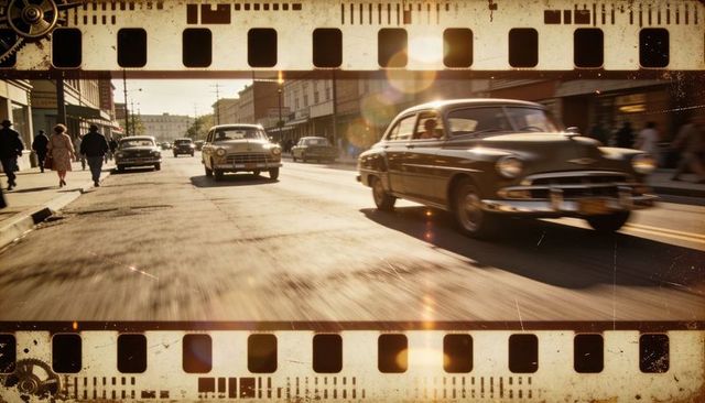 Midcentury main street with moving 1950s sedan and filmstrip border evoking nostalgia