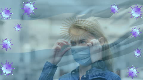 Caucasian Woman Wearing Mask with Argentina Flag and Virus Cells Visuals