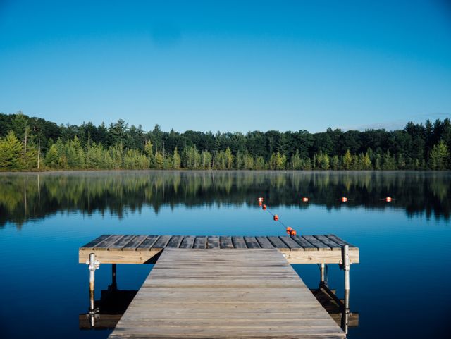 Calm lake with a wooden pier leading out over the water, reflecting the surrounding forest and clear blue sky. Ideal for use in travel brochures, nature scenes, and relaxation imagery. This peaceful setting showcases the beauty of the outdoors and can be used to promote getaways, outdoor activities, or meditation environments.