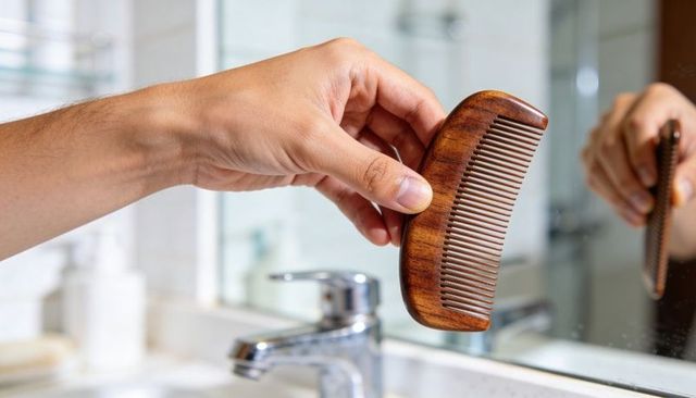 Holding wooden comb over bathroom sink mirror reflection featuring male hand closeup