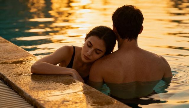 Sunset pool romance woman leaning resting on partner shoulder