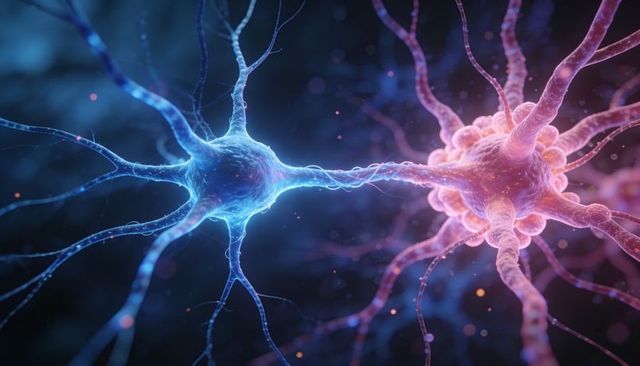 Glowing Neurons Connecting at Synapse with Luminous Blue and Pink Neural Signals
