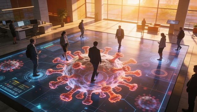 Corporate team standing around interactive digital virus hologram on office atrium floor