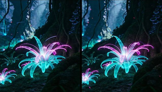 Bioluminescent forest flower glowing teal and magenta releasing spores in misty understory