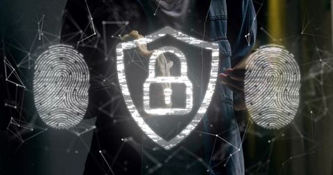 Biometric security shield hologram protecting mobile data with fingerprint authentication