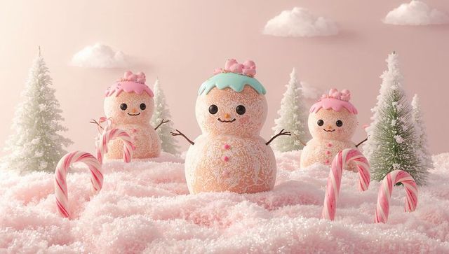 Pastel Candyland Snowmen with Mint Icing Hats and Candy Canes in Sugared Winter Scene Playful Sprink