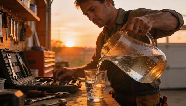 Handyman pouring water into glass on workshop bench at sunset, tools and grease, golden hour
