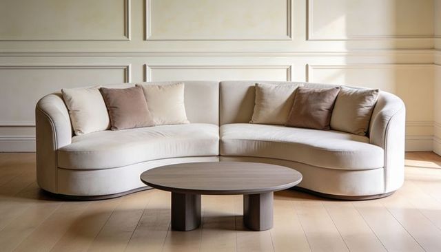 Curved cream sofa with round wood coffee table and neutral pillows in sunlit living room