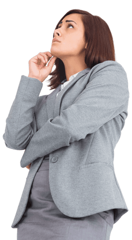 Thinking Businesswoman Looking Up on Transparent Background