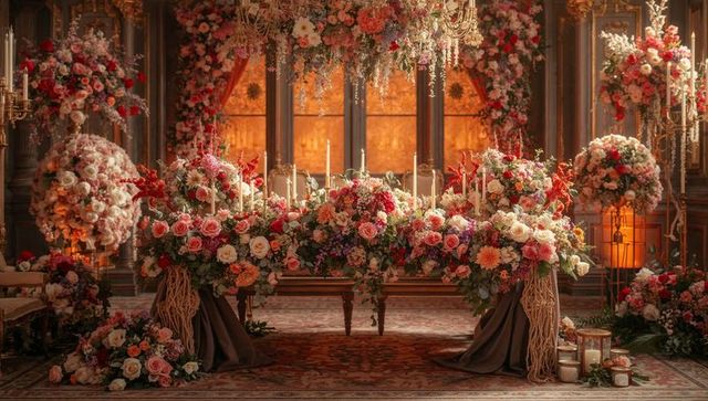 Opulent banquet table with lush floral arrangements in elegant hall