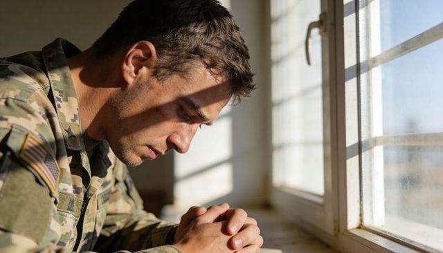 Soldier in camouflage reflecting at window with sunlight shadows and us flag patch