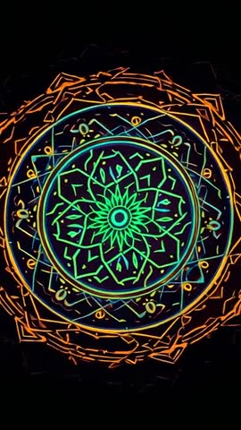 Vertical neon mandala rotating with pulsating lotus and glowing concentric rings