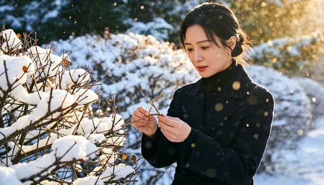 Woman inspecting twig in snowy park backlit winter portrait with golden bokeh