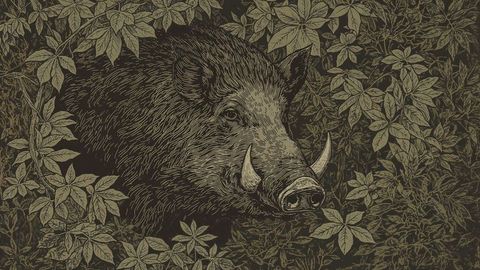 Wild Boar Amongst Dense Forest Undergrowth Detailed Illustration