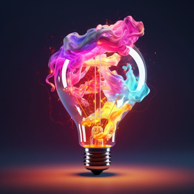Depicts an abstract light bulb with vibrant, swirling smoke inside, conveying ideas of creativity and innovation. Ideal for articles, blogs, and presentations focusing on new ideas, inspiration, and inventive solutions. Can also be used in advertisements for energy-related products or creative industries.