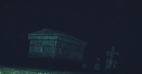 Nighttime cemetery scenery with crypt and gravestones