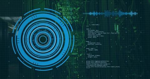 Blue Concentric HUD Scanning Interface with Code Overlay and Cyan Waveform on Grid Matrix