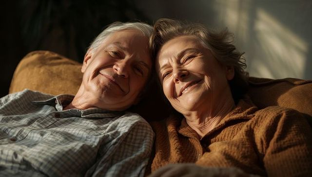 Senior couple reclining on sofa, smiling and enjoying warm sunlight and cozy companionship