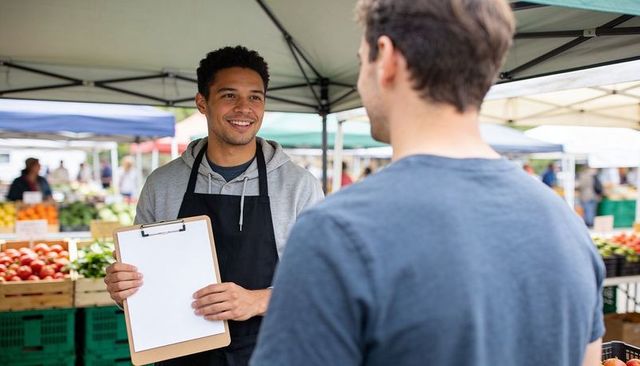 Friendly market vendor holding clipboard talking with customer by fresh produce stalls