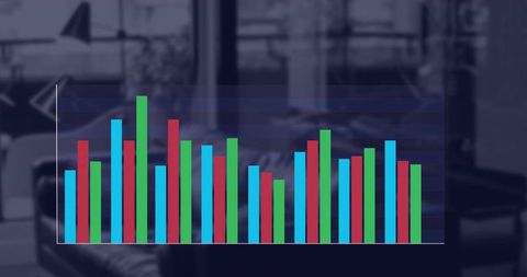 Colorful vertical bar chart overlaying blurred office lounge business data visualization