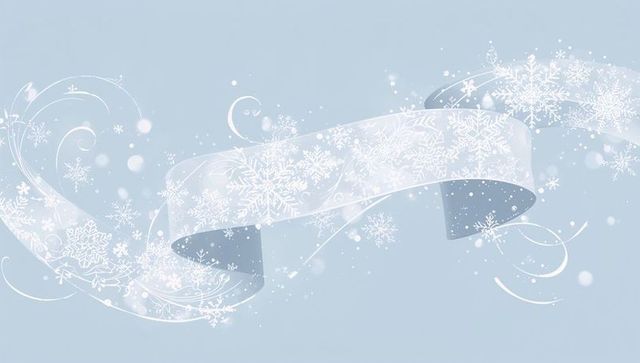 Gliding Sheer Snowflake Ribbon Banner Curving Across Pale Blue Winter Glitter Background