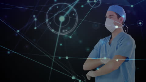 Caucasian Doctor in Mask with Digital Connections Overlay