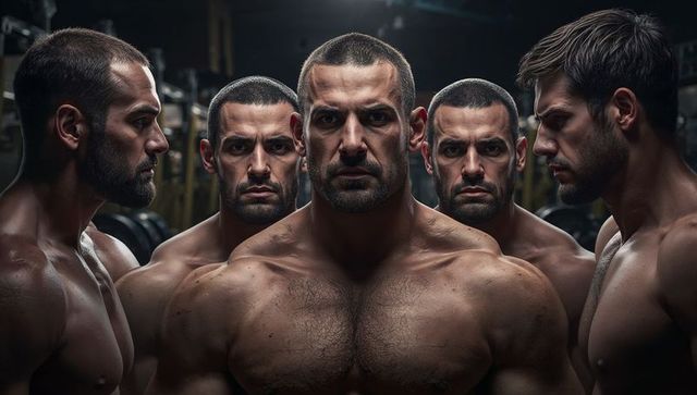 Muscular men team posing in gym, central bodybuilder leading intense strength training lineup