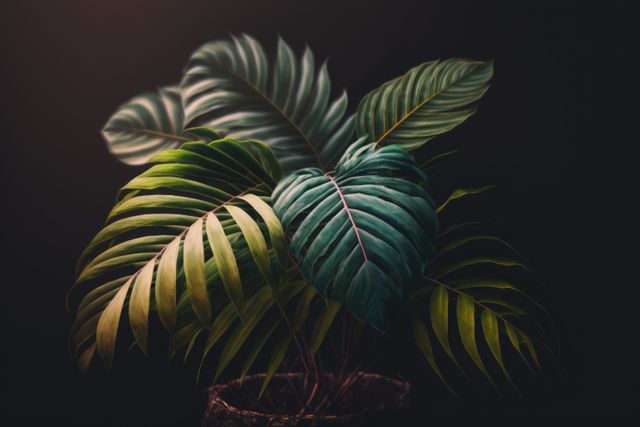 Tropical Houseplant with Lush Green and Teal Leaves in Low Light - Download Free Stock Images Pikwizard.com