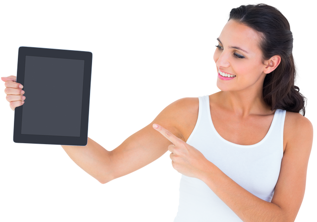 Transparent Young Woman Holding Tablet Pointing Cheerfully - Download Free Stock Videos Pikwizard.com