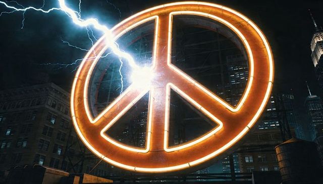 Neon peace sign glowing while lightning striking over urban rooftop nightscape