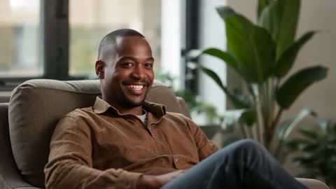 Relaxed Man at Home Reacting to Voice in Cozy Setting