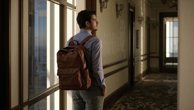 Business traveler standing by hotel window with brown leather backpack, contemplative gaze