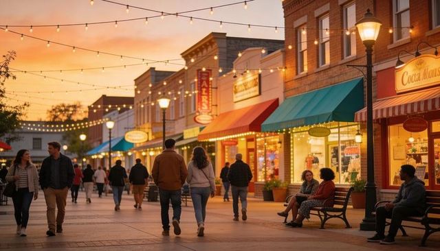 Couple walking on illuminated main street at sunset under string lights