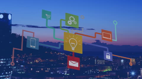 Technology Icons Over Cityscape at Sunset: Network and Innovation Concept