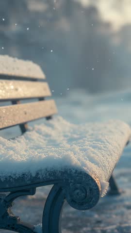 Ornate park bench accumulating fresh snow while snowflakes drift in soft winter light vertical video