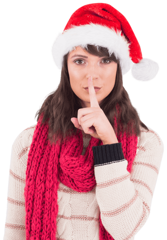 this transparent image showcases a woman in a warm sweater and red santa hat, exuding a festive flair as she gestures secrecy with a finger over her lips. ideal for holiday marketing visuals, greetings cards, and festive promotions, it conveys mystery and the spirit of christmas. the transparent background makes it easy to overlay on design layouts.