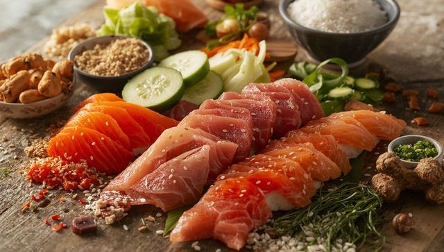 Fresh sashimi and nigiri platter with salmon tuna and sesame on rustic wooden board