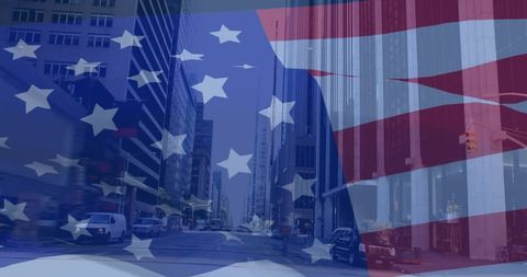 Waving USA Flag Overlaying Urban Cityscape of Tall Buildings - Download Free Stock Images Pikwizard.com