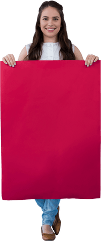 Caucasian Schoolgirl Holding Red Cardboard on Transparent Background