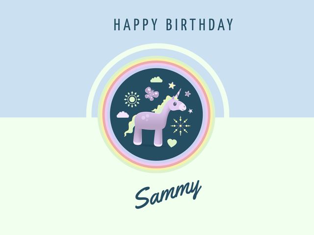 Ideal for creating personalized birthday cards and invitations for children's parties. This customizable template features a whimsical purple unicorn with surrounding stars, flowers, and playful elements. Use it for designing enchanting birthday messages, party invitations, or event announcements for kids. The pastel rainbow and cheerful elements add a touch of magic, making it perfect for any young child's special day.