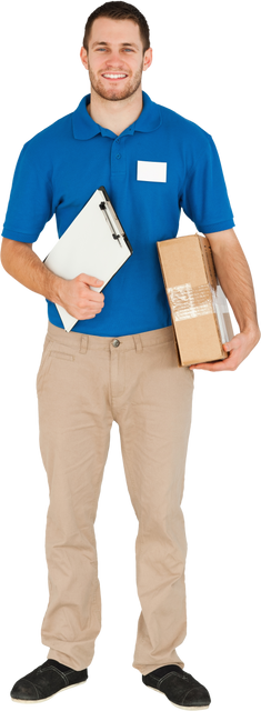 Transparent Background Delivery Person Smiling Holding Parcel and Clipboard - Download Free Stock Videos Pikwizard.com