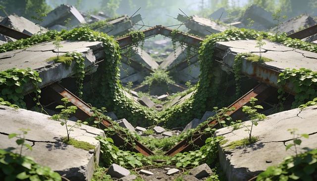 Nature reclaiming urban ruins: vines and moss over collapsed concrete and rusted beams
