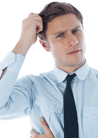Transparent Confused Businessman in Blue Shirt Scratching Head
