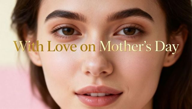 Closeup young woman face showing gold 'with love on mother's day' text elegant beauty headshot