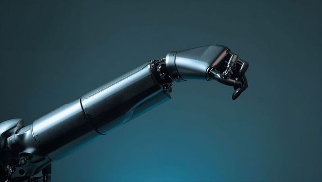 Sleek metal robotic arm with 3-finger gripper moving diagonally for industrial automation