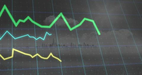 Fluctuating line graphs on blue grid with city skyline