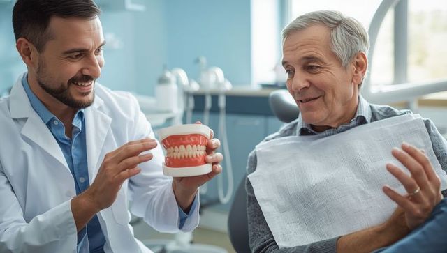 Dentist explaining dental health with model to senior patient